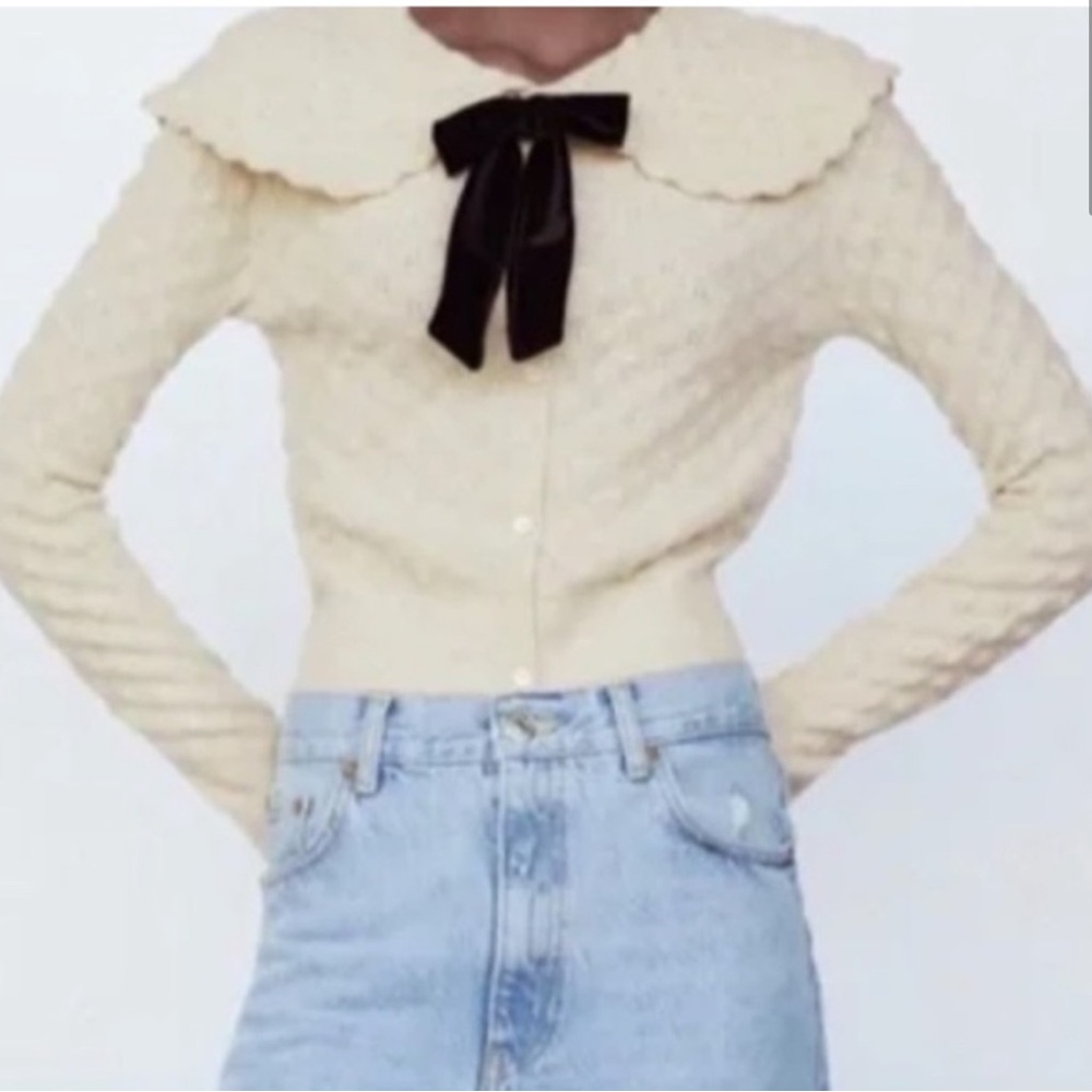 Zara Textured Cardigan with Black Bow